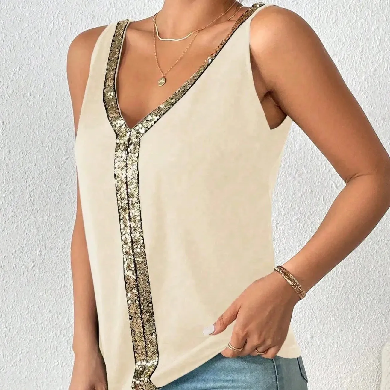 Womens V-Neck Loose Fit Sleeveless Top