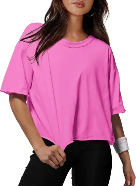 XIEERDUO Cotton Tshirts for Women Drop Shoulder Round Neck Oversized Crop Tops Workout Tops Tees