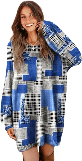YESNO Women Graphic Long Lantern Sleeve Sweater Dresses Fall Oversized Knit Pullover Sweaters SDL
