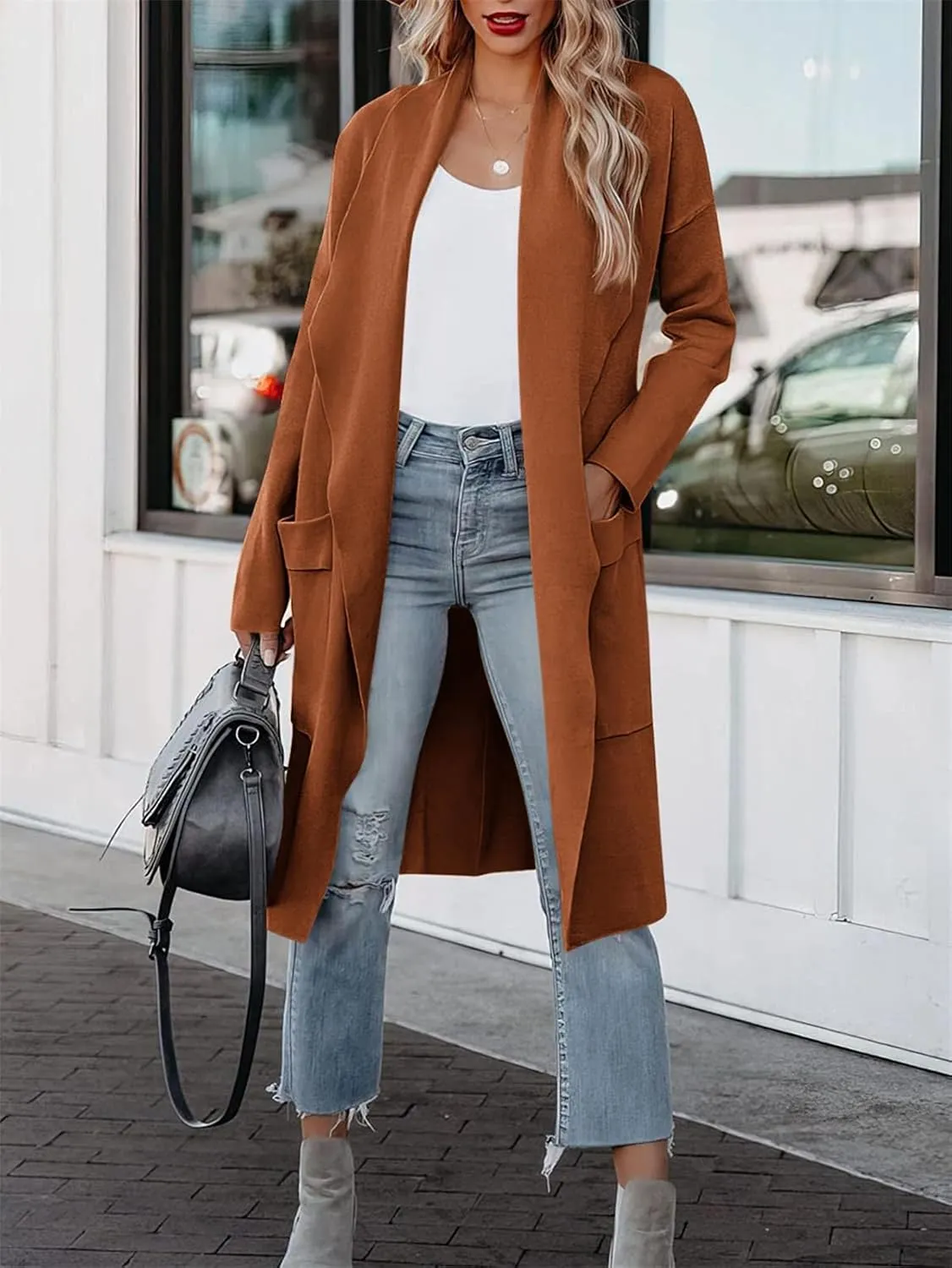 Yousify Women's Cardigan Sweater Long Sleeve Open Front Knit Casual Coat Sweater Jacket with Pockets