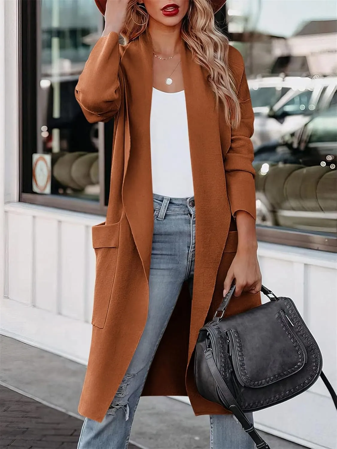 Yousify Women's Cardigan Sweater Long Sleeve Open Front Knit Casual Coat Sweater Jacket with Pockets